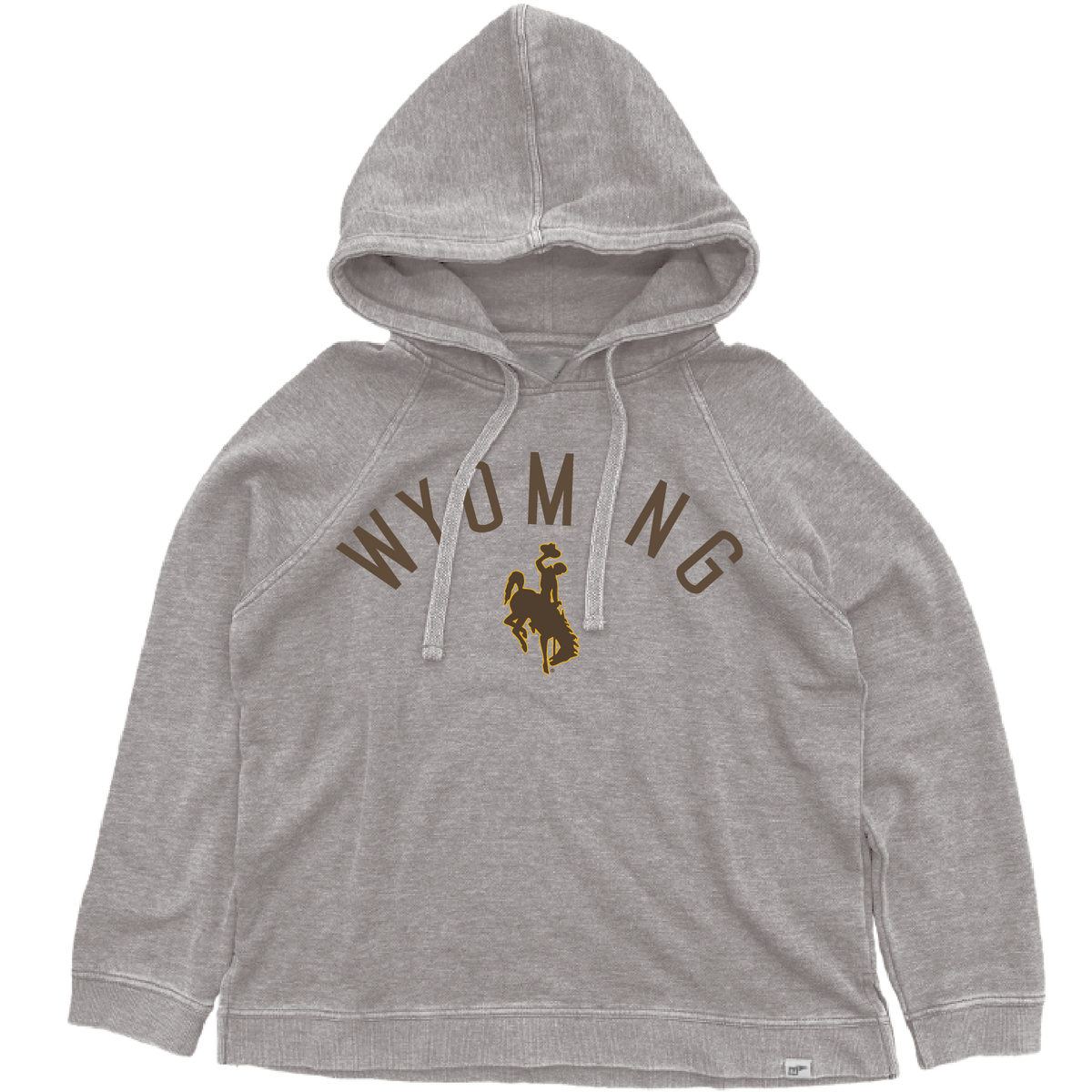 grey hooded sweatshirt with design center chest. design is arch wyoming with bucking horse below all in brown.