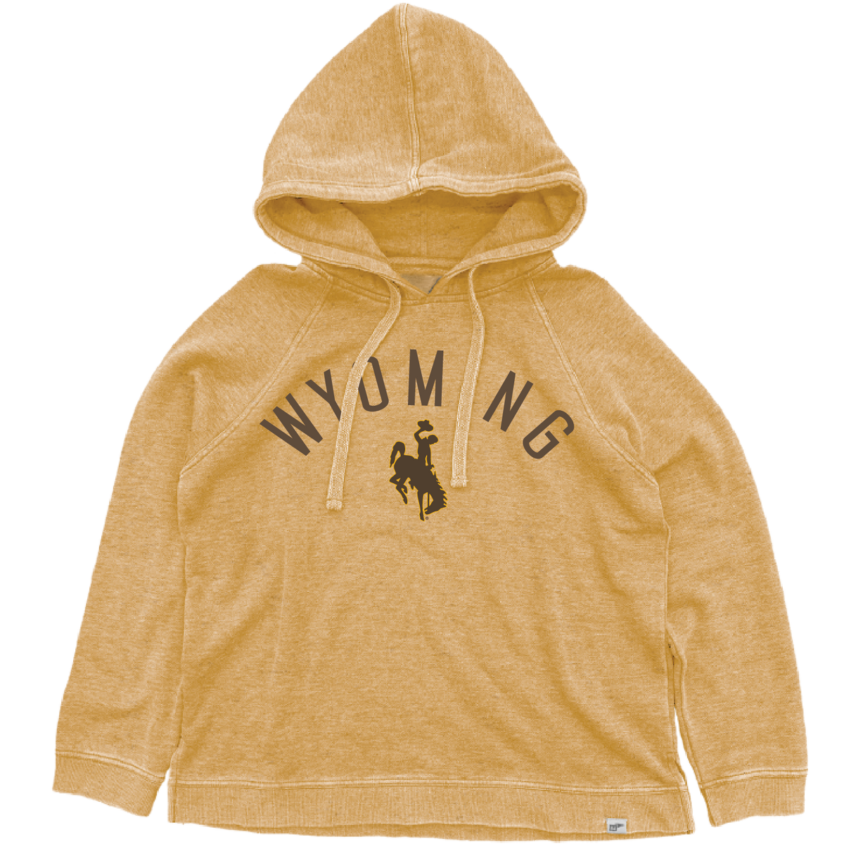 gold hooded sweatshirt with design center chest. design is arch wyoming with bucking horse below all in brown.