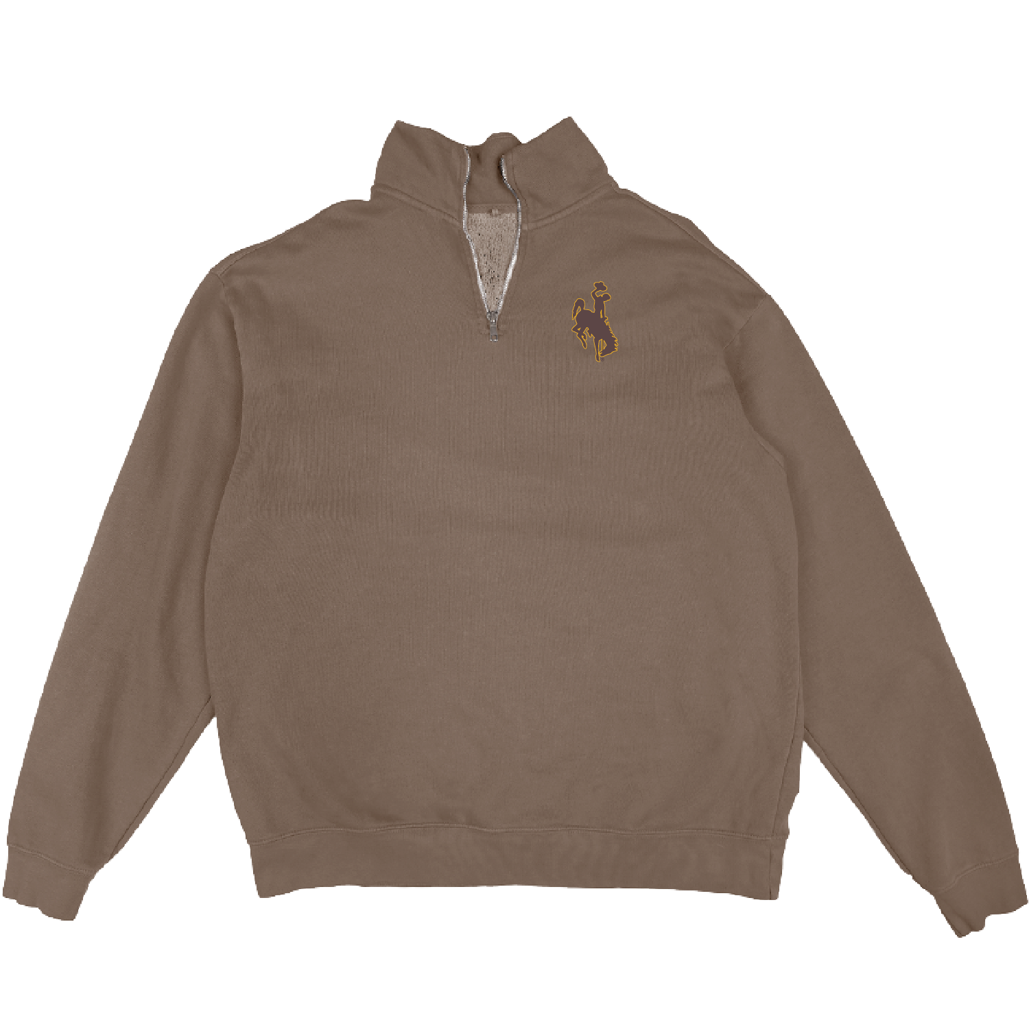 brown 1/4 zip pullover jacket with silver zipper. has brown bucking horse with gold outline on left chest.