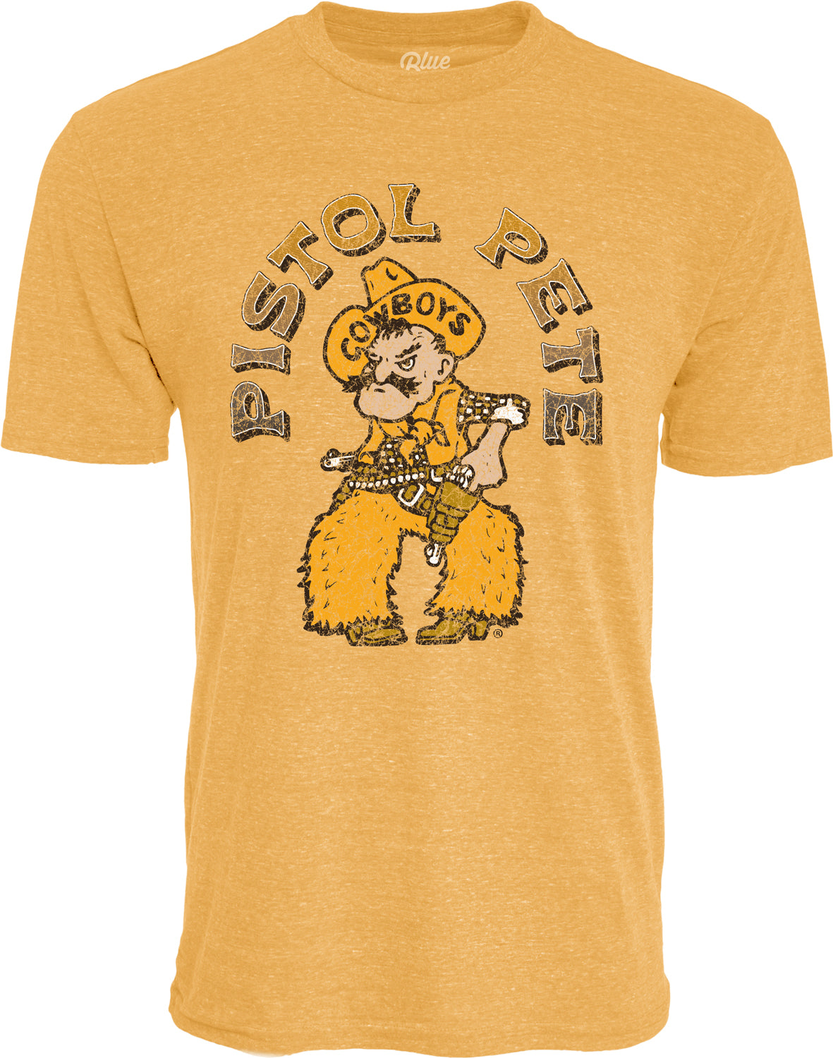 gold short sleeve shirt with design center chest. design is pistol pete lettering arched above pistol pete logo