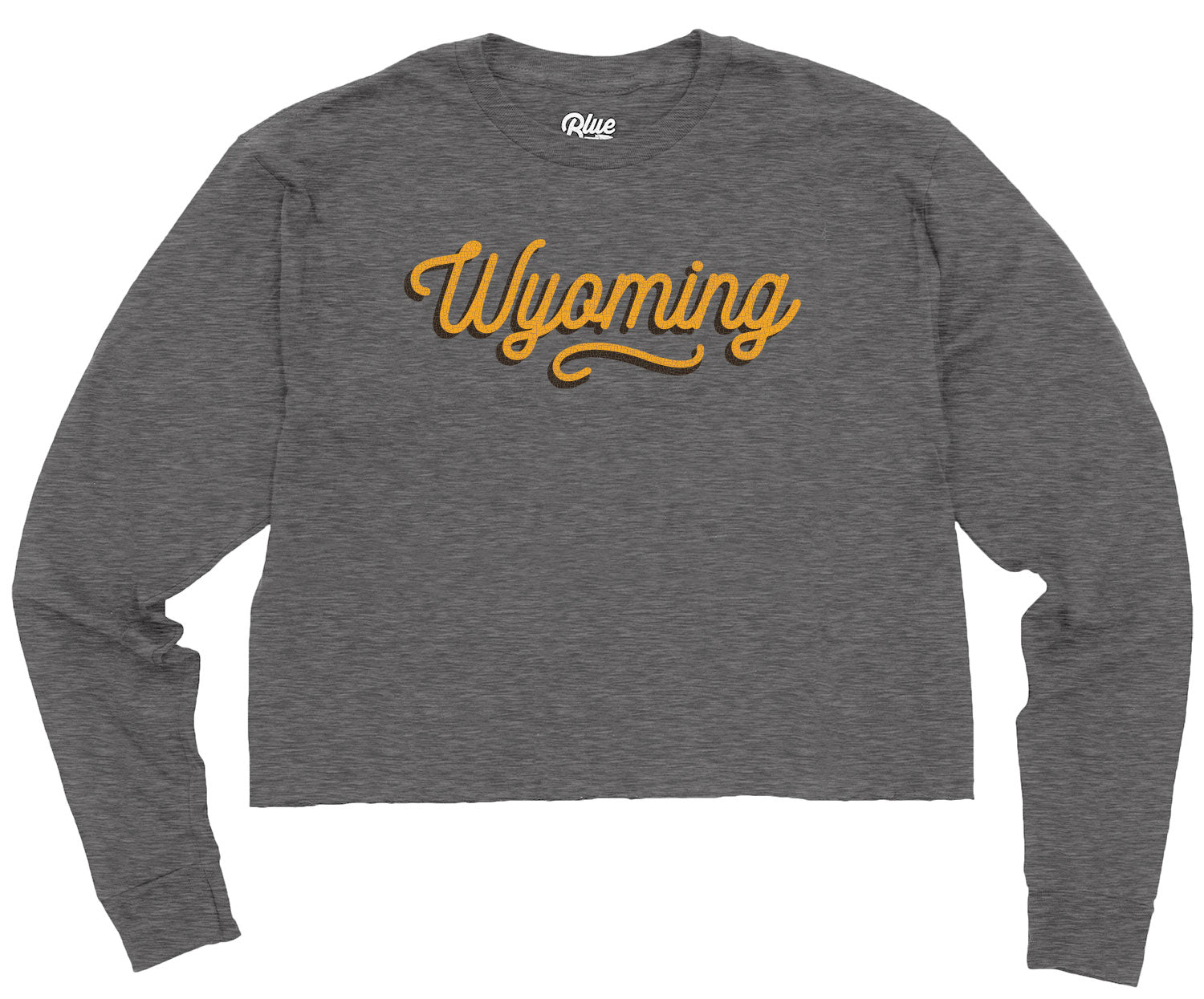 grey womens cropped long sleeve with gold wyoming script with brown shadow centered on the chest.