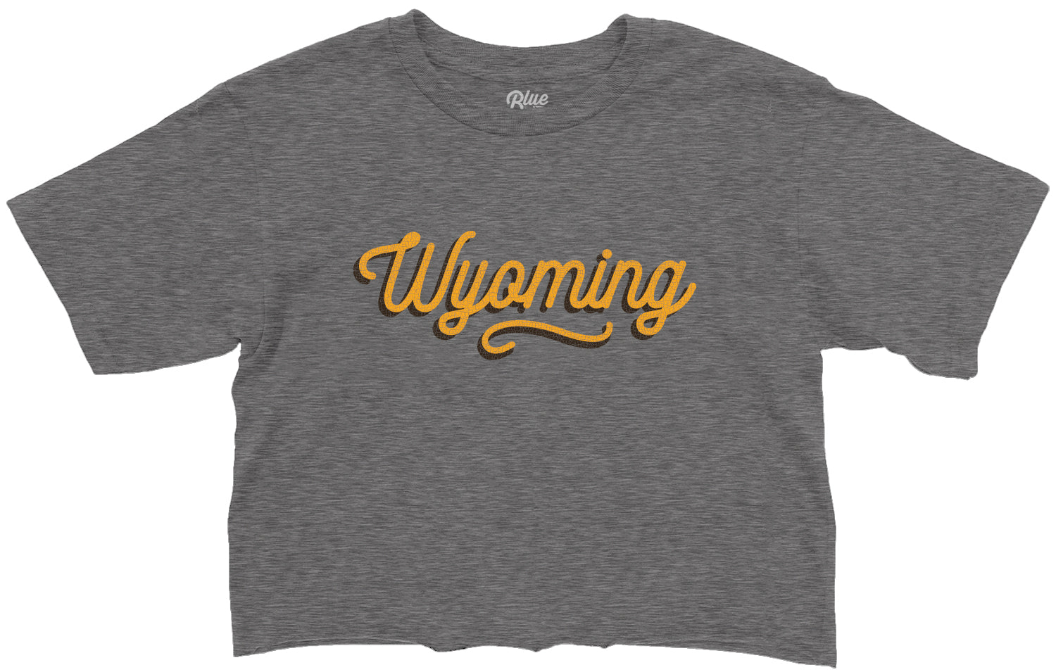 grey womens cropped short sleeve with gold wyoming script with brown shadow centered on the chest.