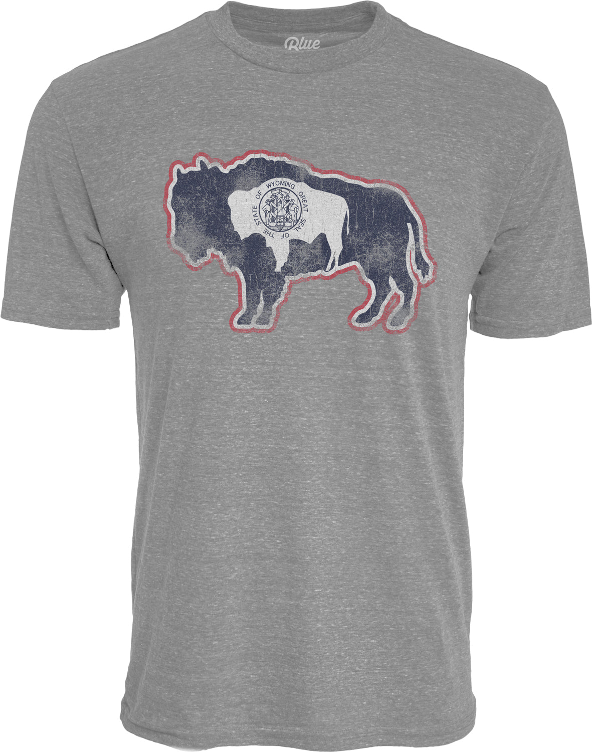 grey short sleeve shirt with red, white, and blue state flag design outlined as a buffalo on center chest.
