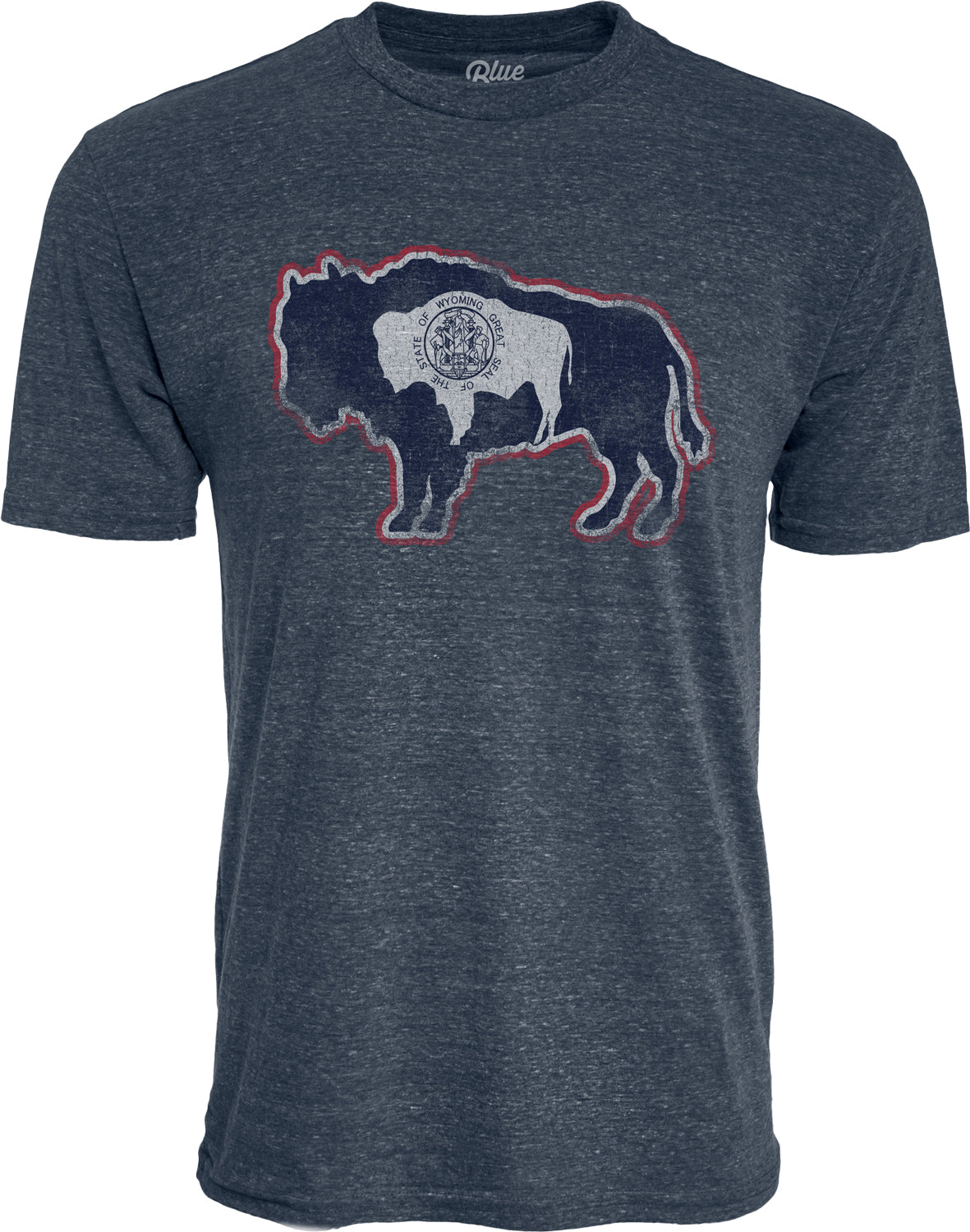 navy short sleeve shirt with red, white, and blue state flag design outlined as a buffalo on center chest.