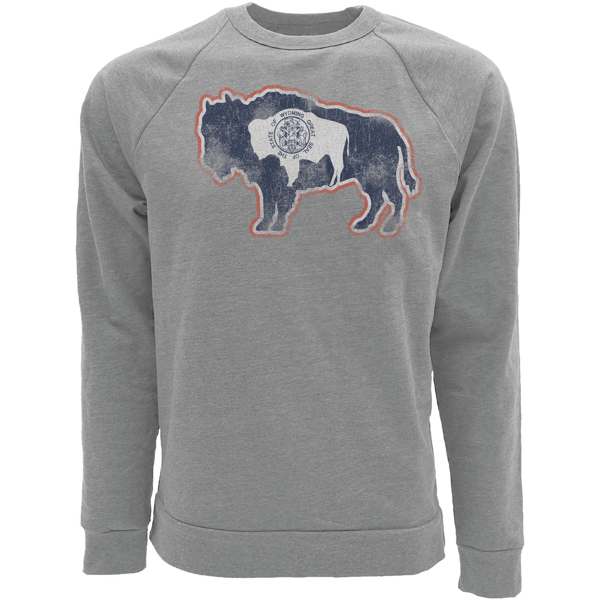 grey crew neck with red, white, and navy design center chest. design is a outline of a buffalo with the wyoming state buffalo on the inside with seal on it.