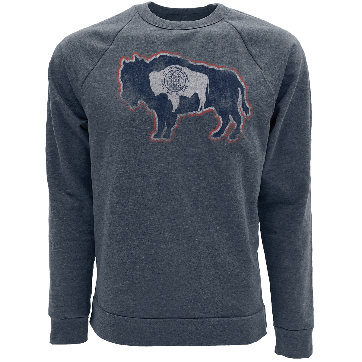 navy crew neck with red, white, and navy design center chest. design is a outline of a buffalo with the wyoming state buffalo on the inside with seal on it.