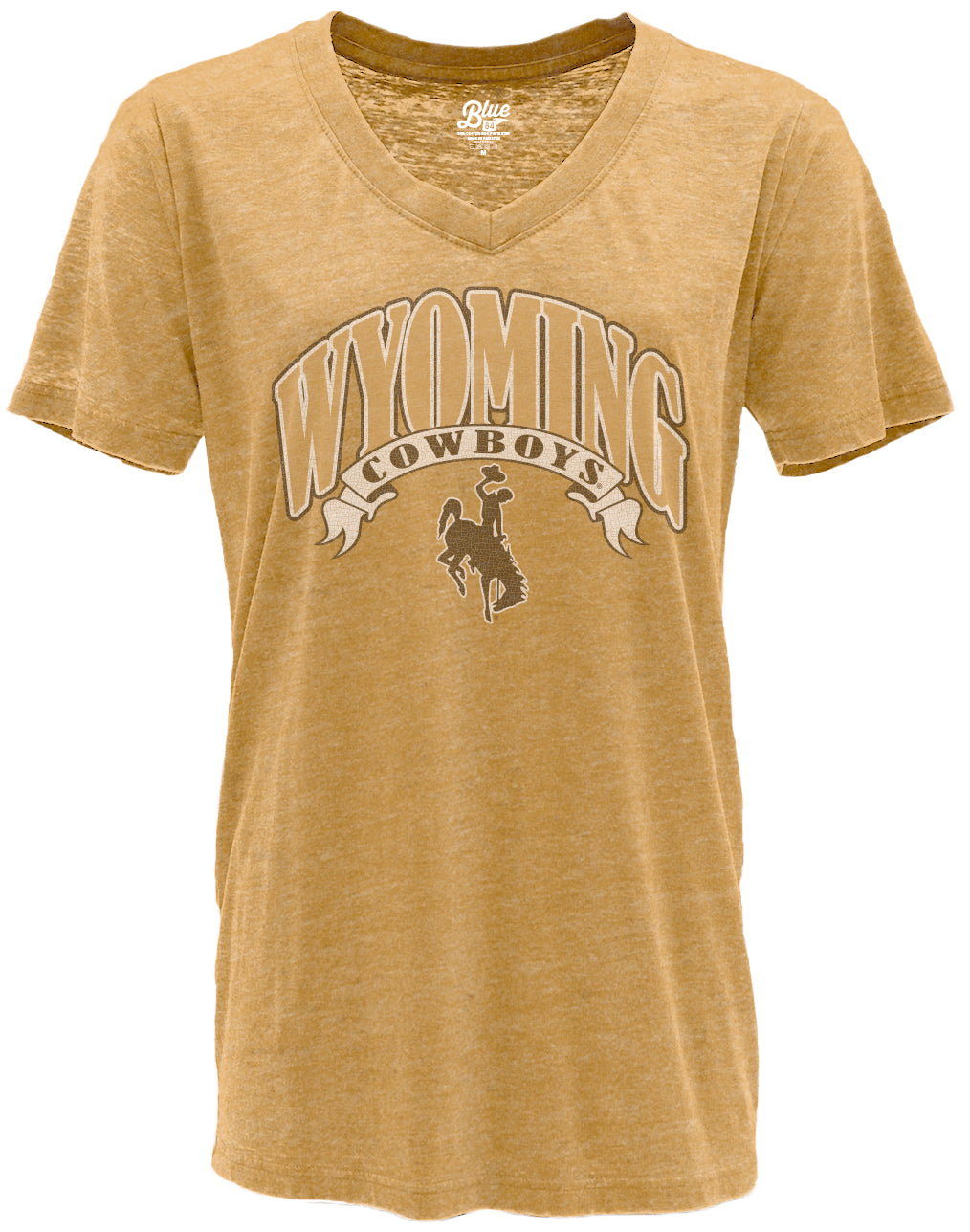gold womens v-neck tee with design centered. design is gold wyoming lettering arched with white outline and brown cowboys in a white banner below and a bucking horse on bottom