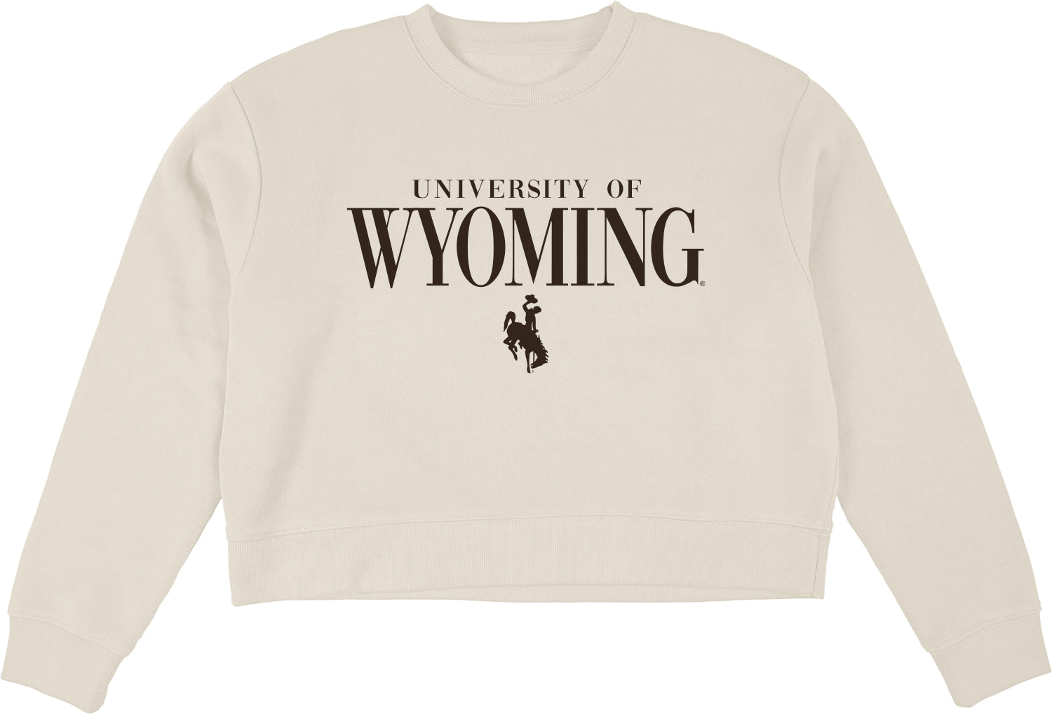 womens ivory crewneck sweatshirt with brown design center chest. design is univeristy of wyoming with wyoming lettering emphasized bigger and a bucking horse centered below.