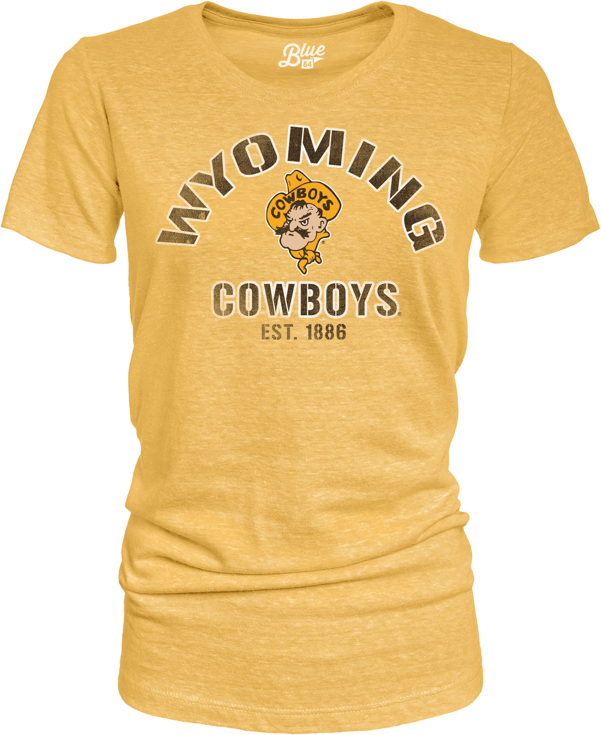gold womens tee with design center chest. design is brown wyoming lettering arched above pistol pete face with cowboys and est. 1886 below that