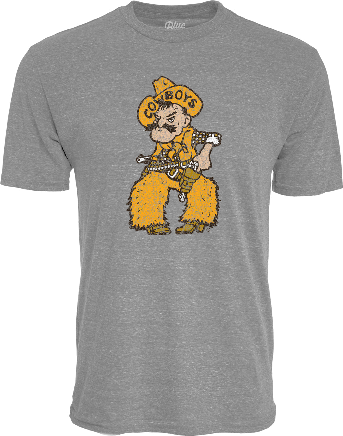 grey short sleeve tshirt with design center chest. design is pistol pete in gold, brown, and white
