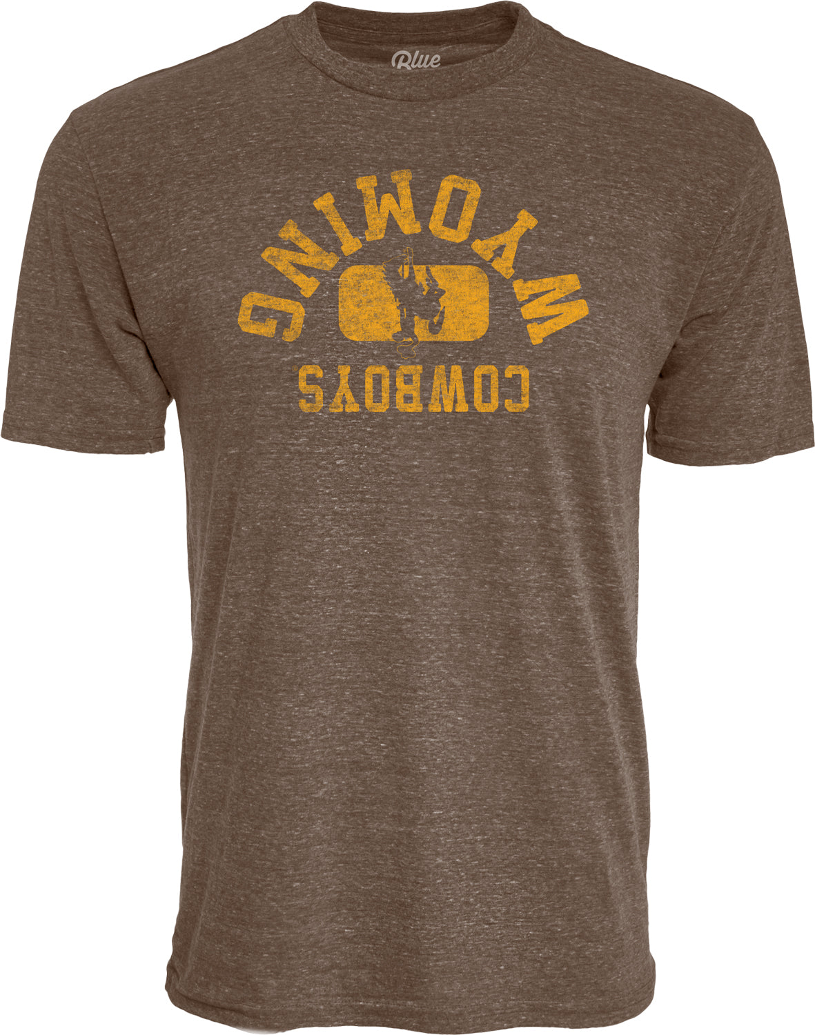brown short sleeve t-shirt with design center chest. design is an upside down arched wyoming with bucking horse below and cowboys below that. Design is gold lettering