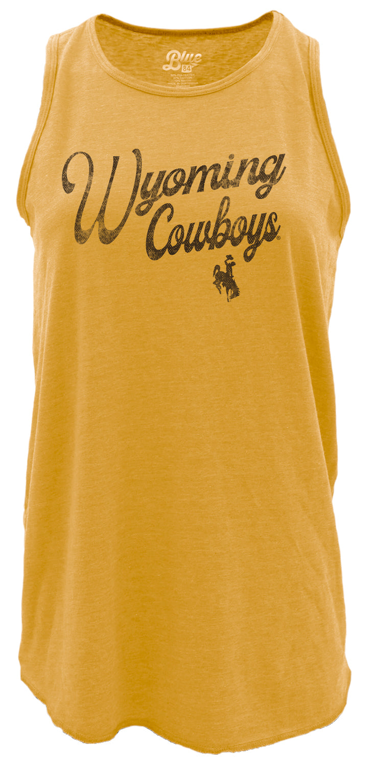 gold womens tank top with brown design center chest. design is script wyoming cowboys with bucking horse below