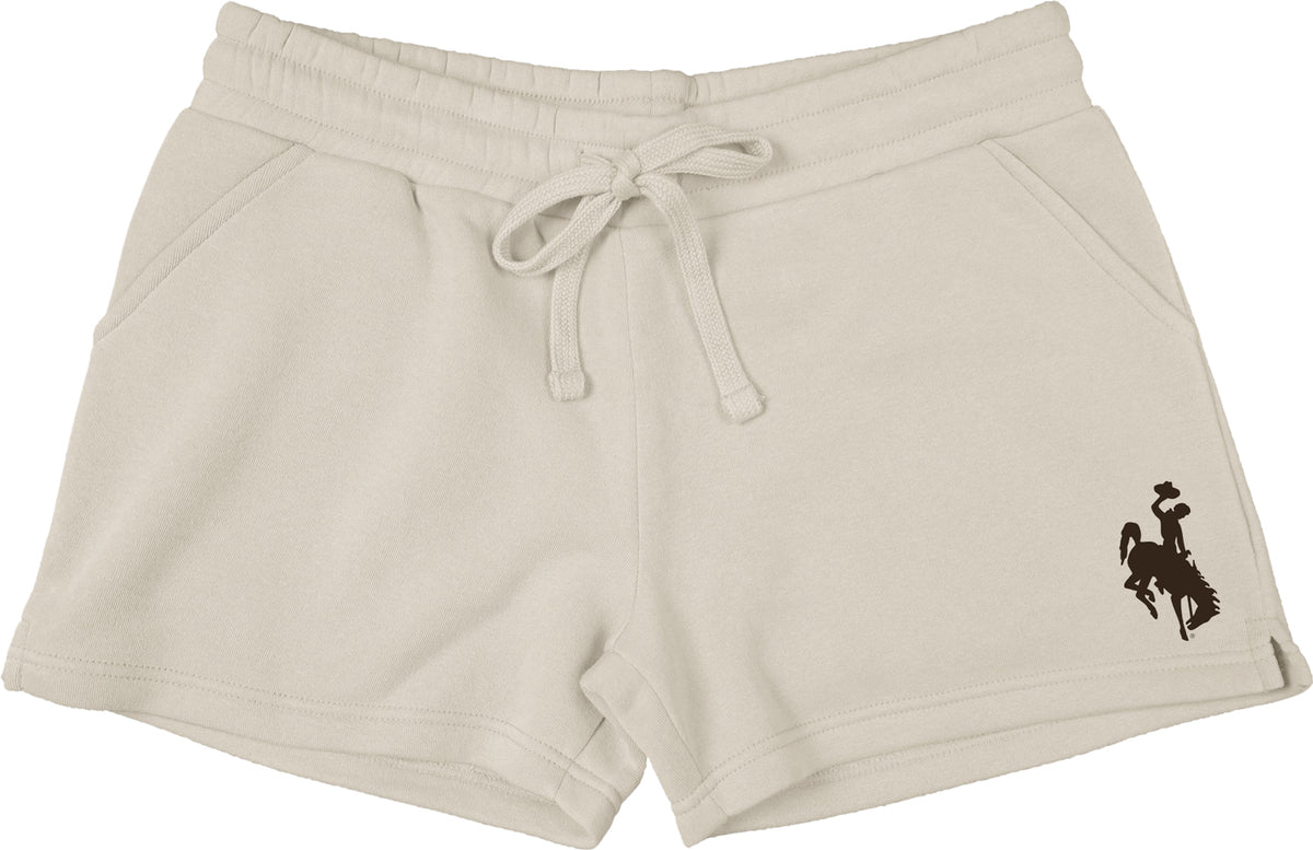 womens ivory shorts with brown bucking horse logo on left thigh. Has draw string waist band tied in a bow