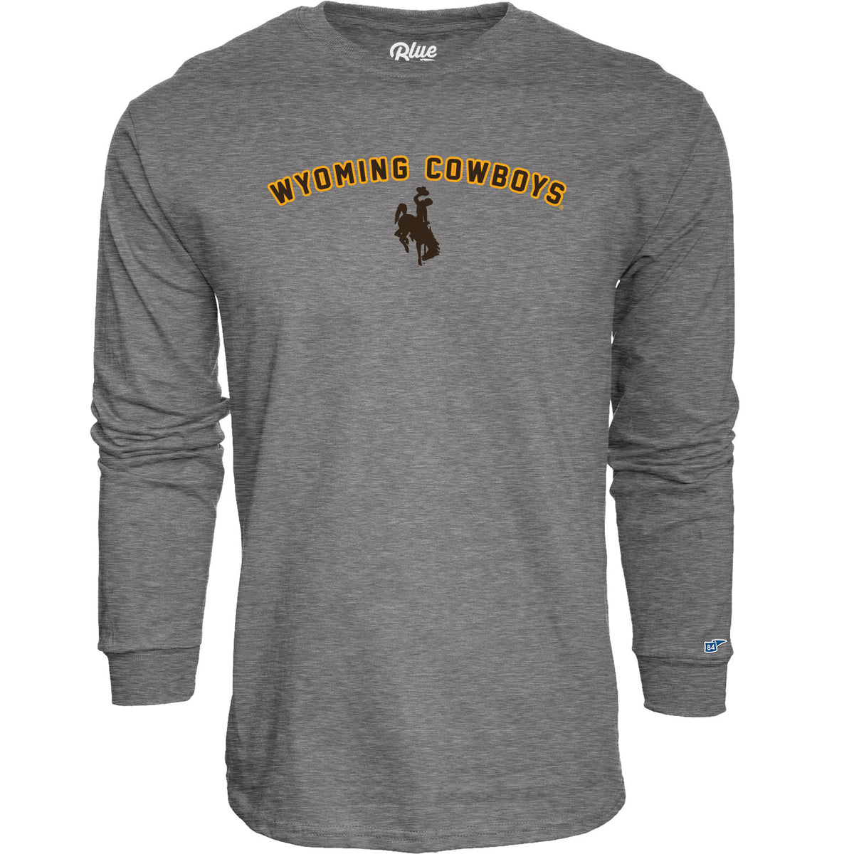 grey long sleeve t-shirt with design center chest. Design is a brown arched wyoming cowboys with gold outline, below is a brown bucking horse centered