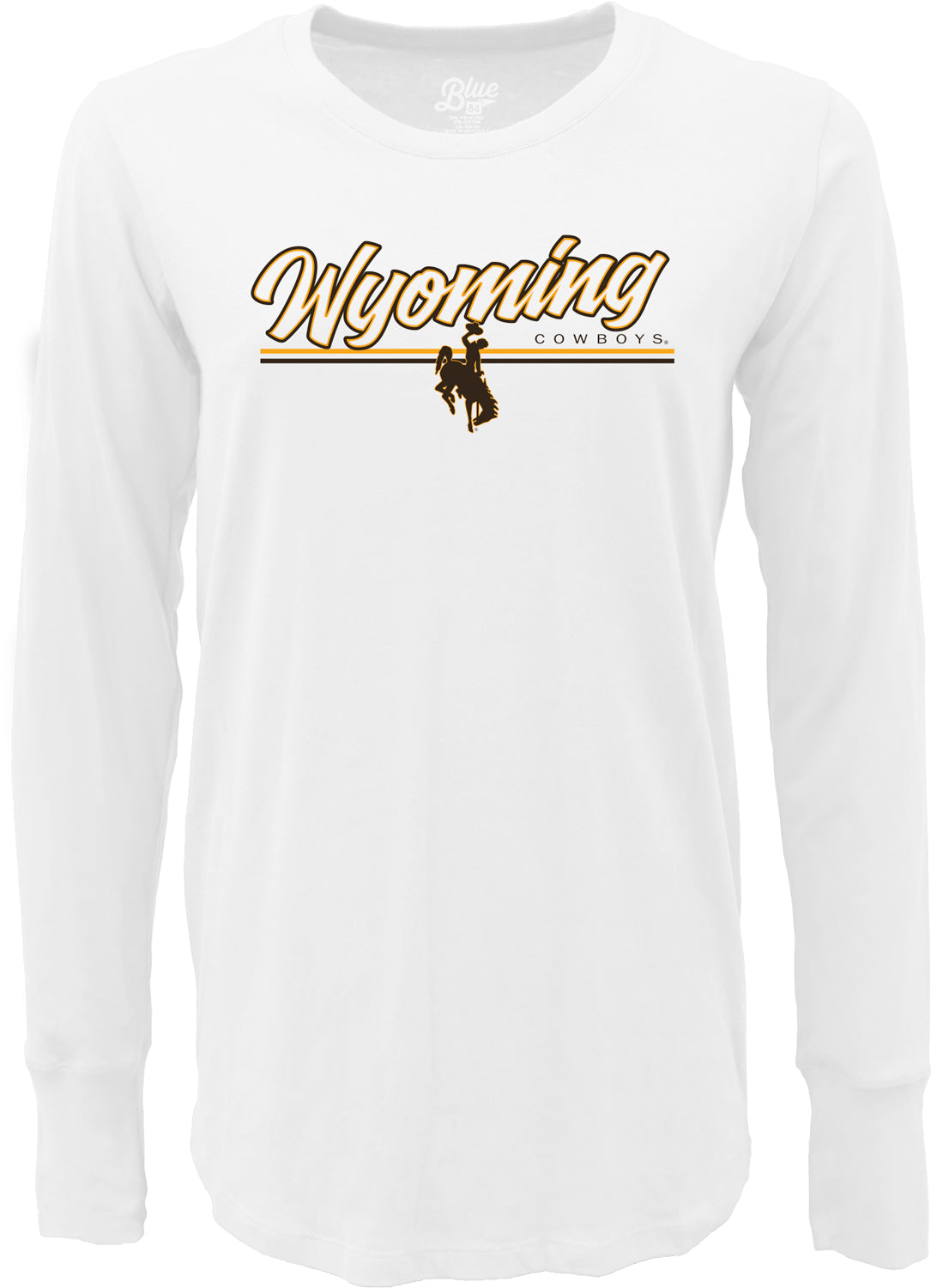 white long sleeve t-shirt with center chest design. Design is a brown and gold outlined wyoming script with two lines below. Above top line is cowboys left centered and centered on the lines is a bucking horse