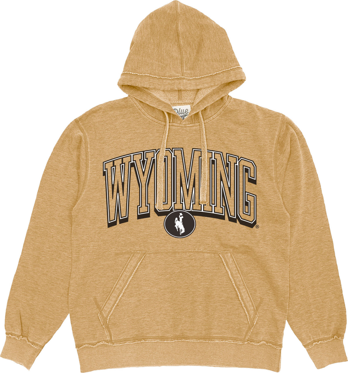 gold womens hooded sweatshirt with design center chest. design is block wyoming with shadow and bucking horse centered below