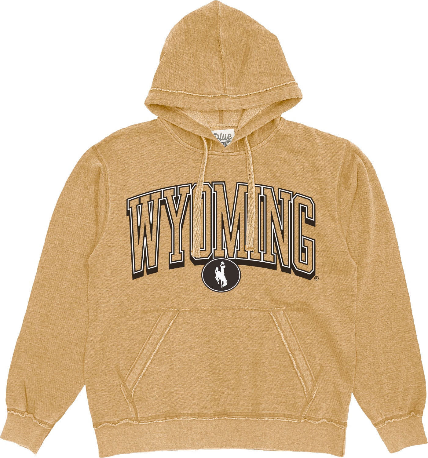 gold womens hooded sweatshirt with design center chest. design is block wyoming with shadow and bucking horse centered below