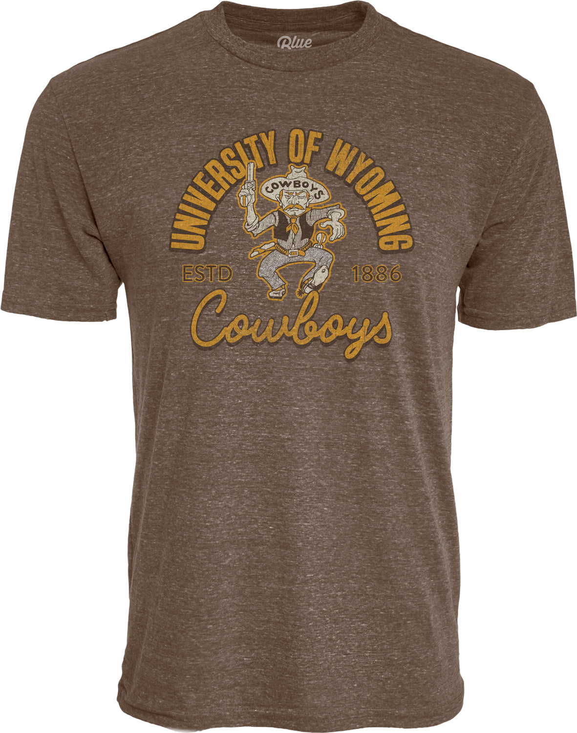 brown short sleeve t-shirt with design on front. design is retro pistol pete- guns up, with university of wyoming above pete in gold text with gold cowboys scipt below