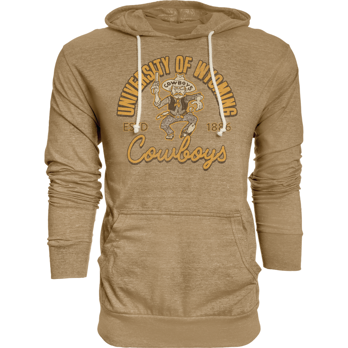 russet hooded pullover sweatshirt with cream drawstrings and big pocket on front. design is arched university of wyoming in gold with old pistol pete below with est 1886 below and cowboys script at bottom.