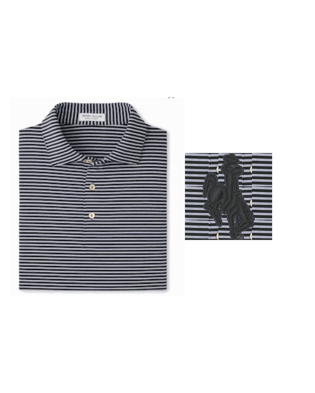 Black and white striped polo shirt with a bucking horse next to it to show emblem on sleeve