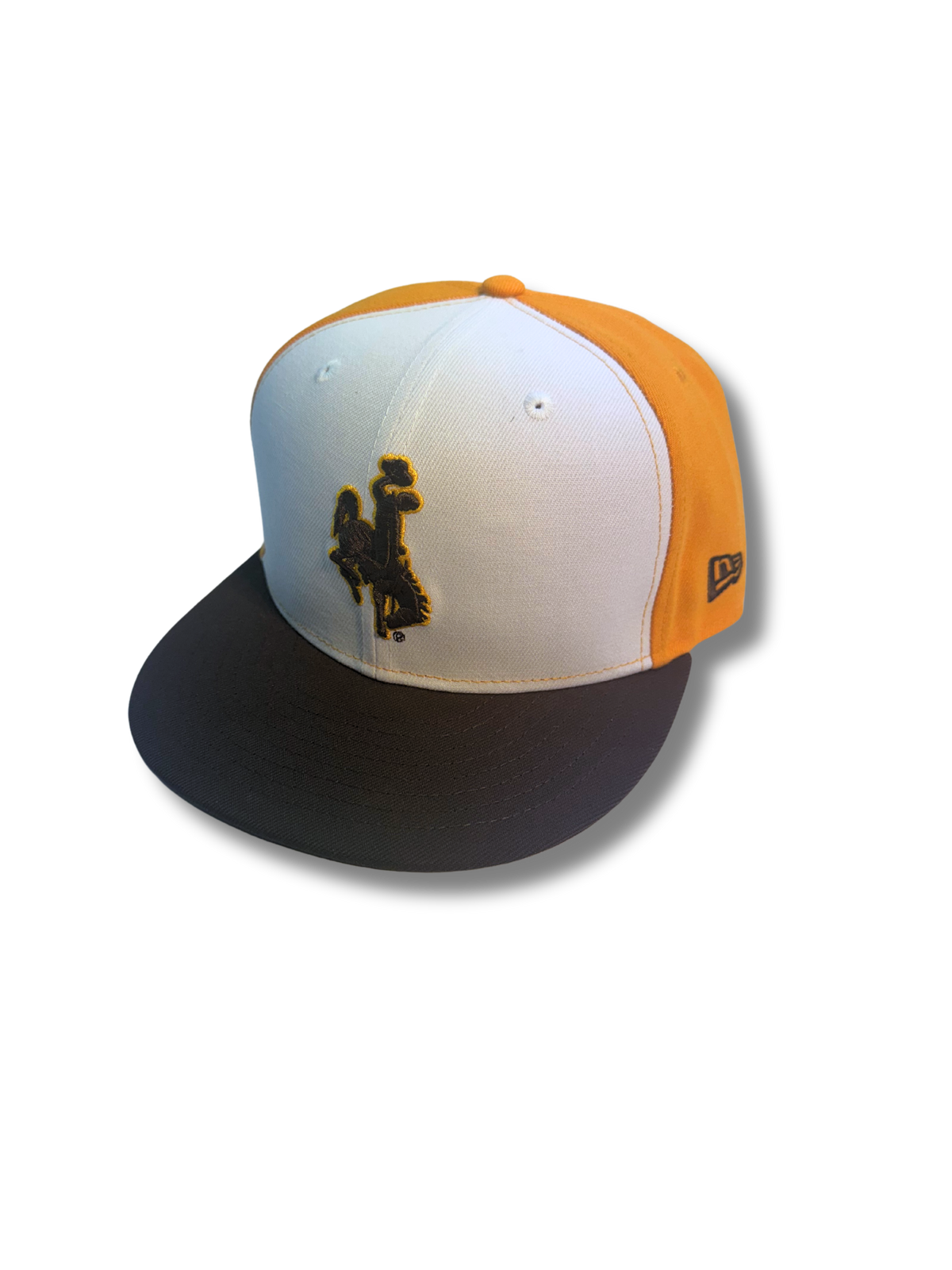 White and gold hat with brown flat bill, design is embroidered brown bucking horse with gold outline