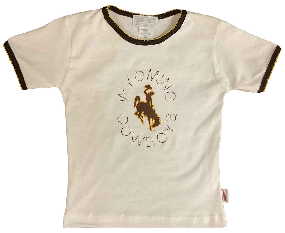 white toddler and infant tee with brown trim on sleeves and neck. design is brow arched wyoming cowboys around a brown and gold bucking horse center chest