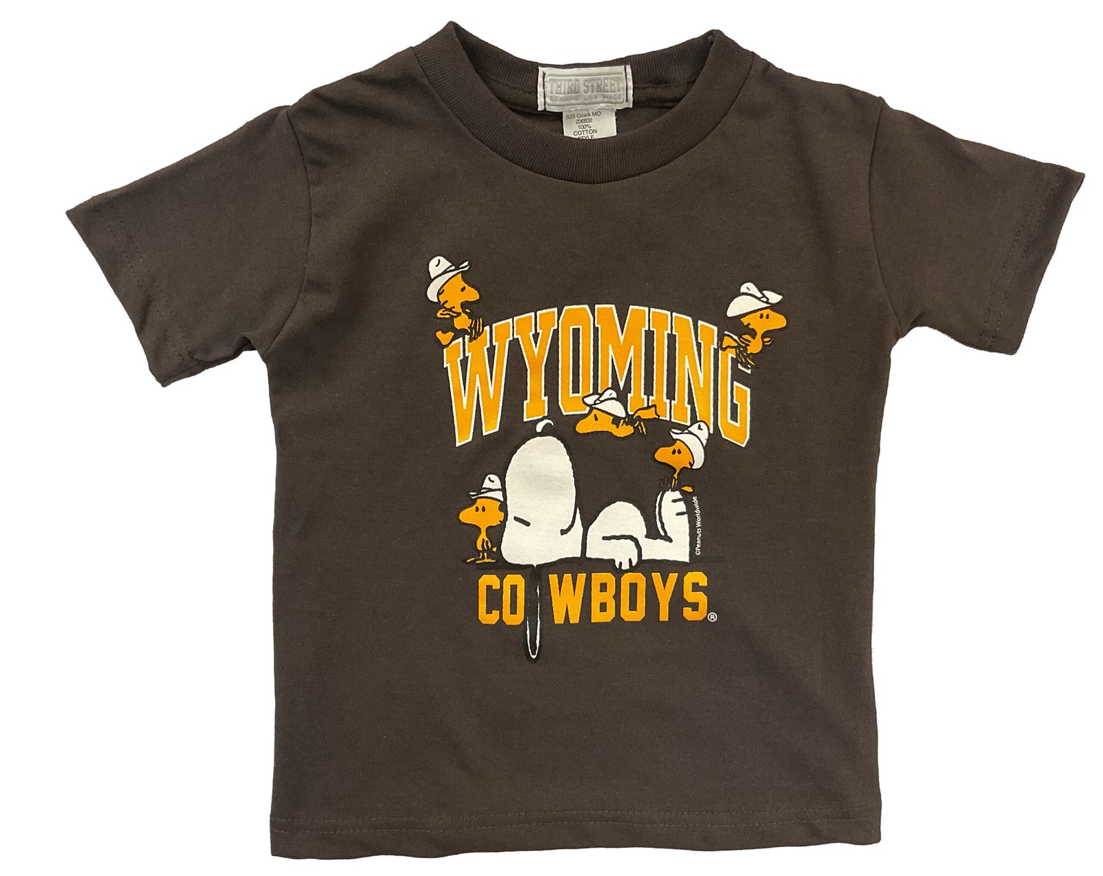 brown toddler short sleeve with wyoming cowboys center chest design in gold and white with snoopy laying down in the middle, mini snoopy birds placed throughout design