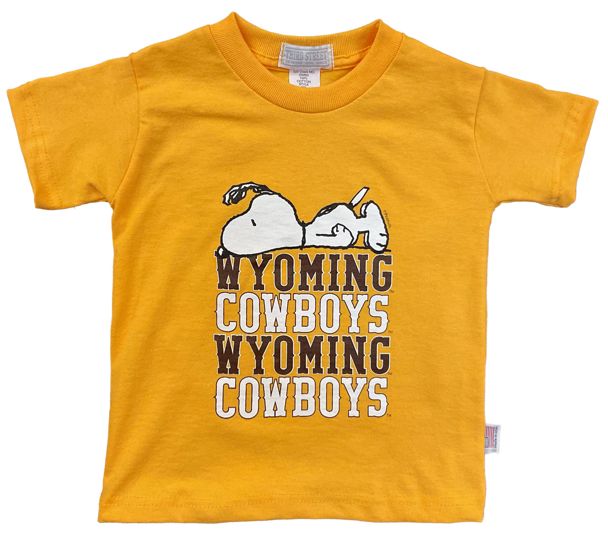 gold toddler tee with design center chest. design is white and brown wyoming cowboys repeating twice down the front, on top of letters is white snoopy laying down
