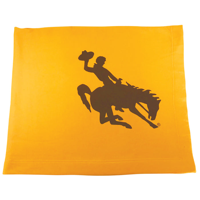 gold sweatshirt blanket. large brown bucking horse printed in the corner of fleece blanket