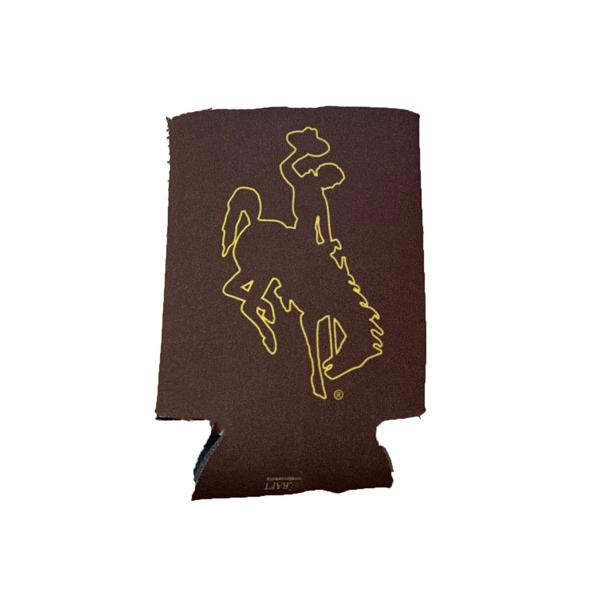back side of neoprene can cooler in brown. Large brown bucking horse printed on either side