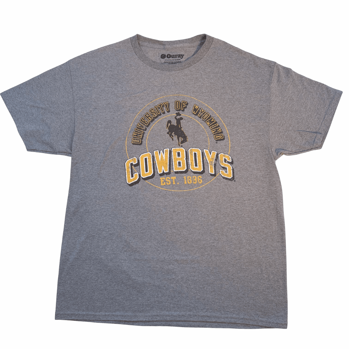 grey tee shirt with circle design center chest. circle has university of wyoming lettering arched inside with bucking horse and cowboys lettering below. est 11886 at bottom