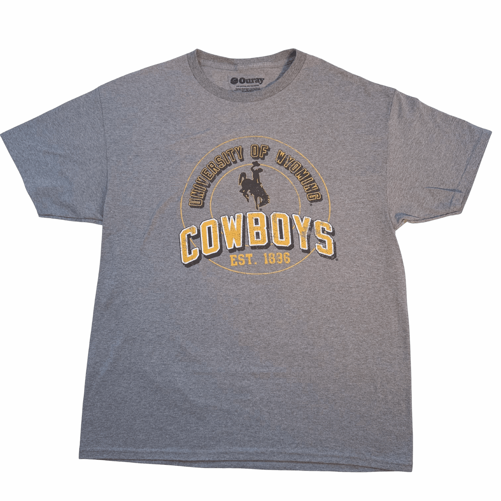 grey tee shirt with circle design center chest. circle has university of wyoming lettering arched inside with bucking horse and cowboys lettering below. est 11886 at bottom