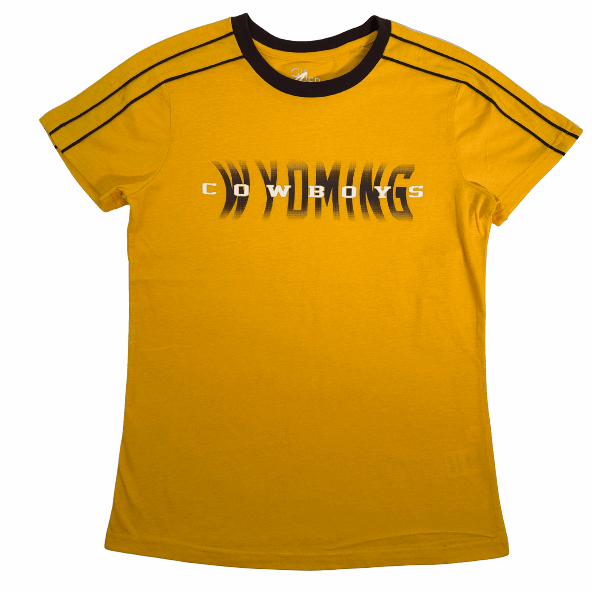 women's gold tee with design center chest. design is gradient brown wyoming lettering with white cowboys brought to front. has brown collar and two brown stripes over shoulder