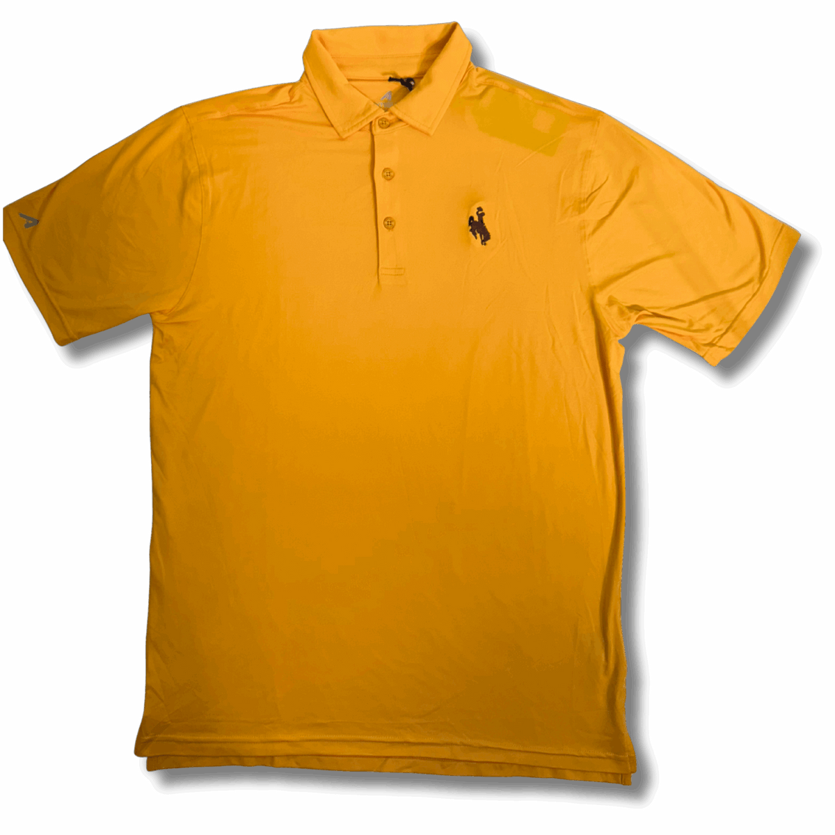 gold antigua polo with small brown bucking horse on left chest. gold three button placket.