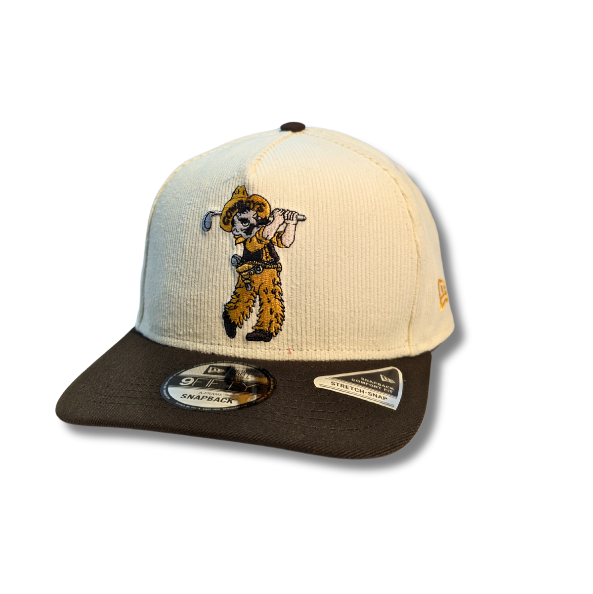 tan and brown adjustable hat. Tan crown and brown visor, embroidered golfing pistol pete on front paneling