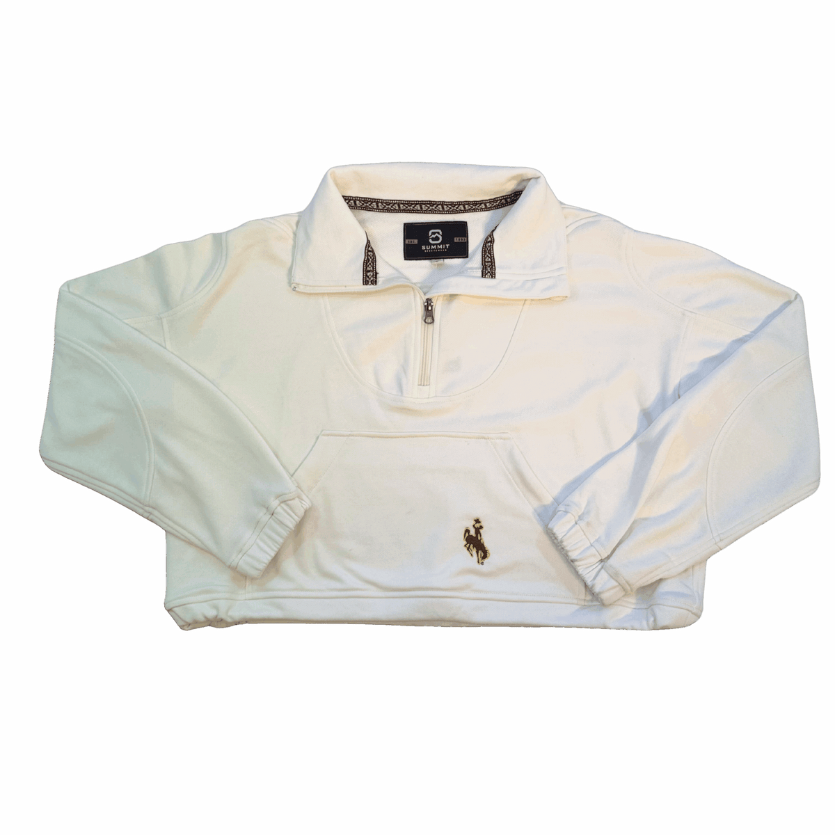 white cropped 1/4 zip with oversized pocket on front. has brown embroidered bucking horse on left side of pocket
