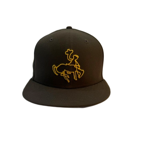 brown fitted hat with a josh allen drawn bucking horse outlined in gold on front panel