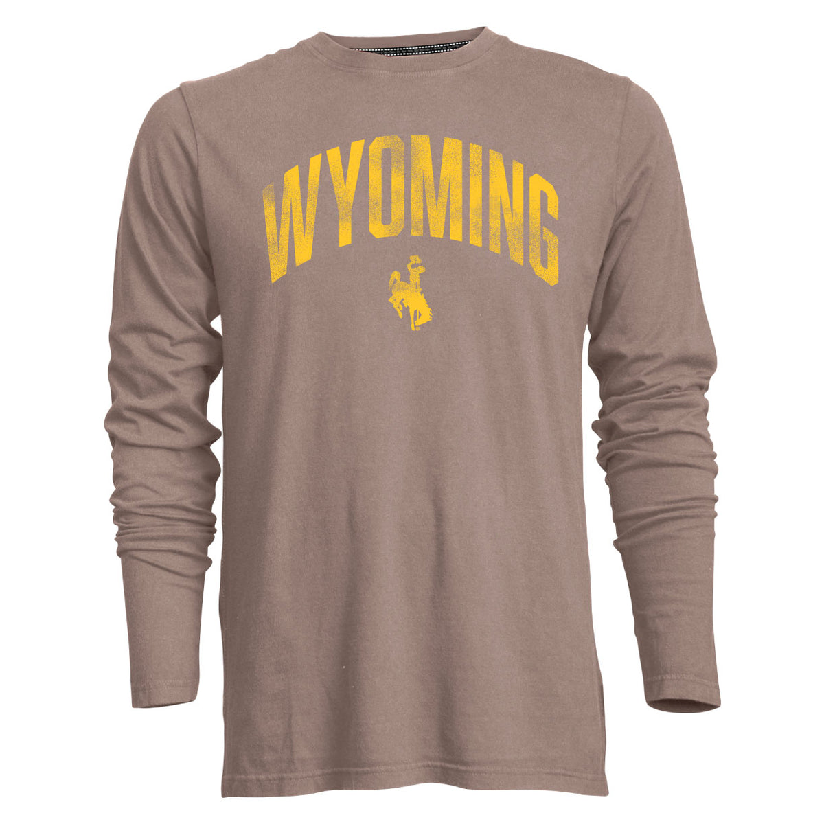 walnut long sleeve tee with gold distressed arched wyoming letters with bucking horse below