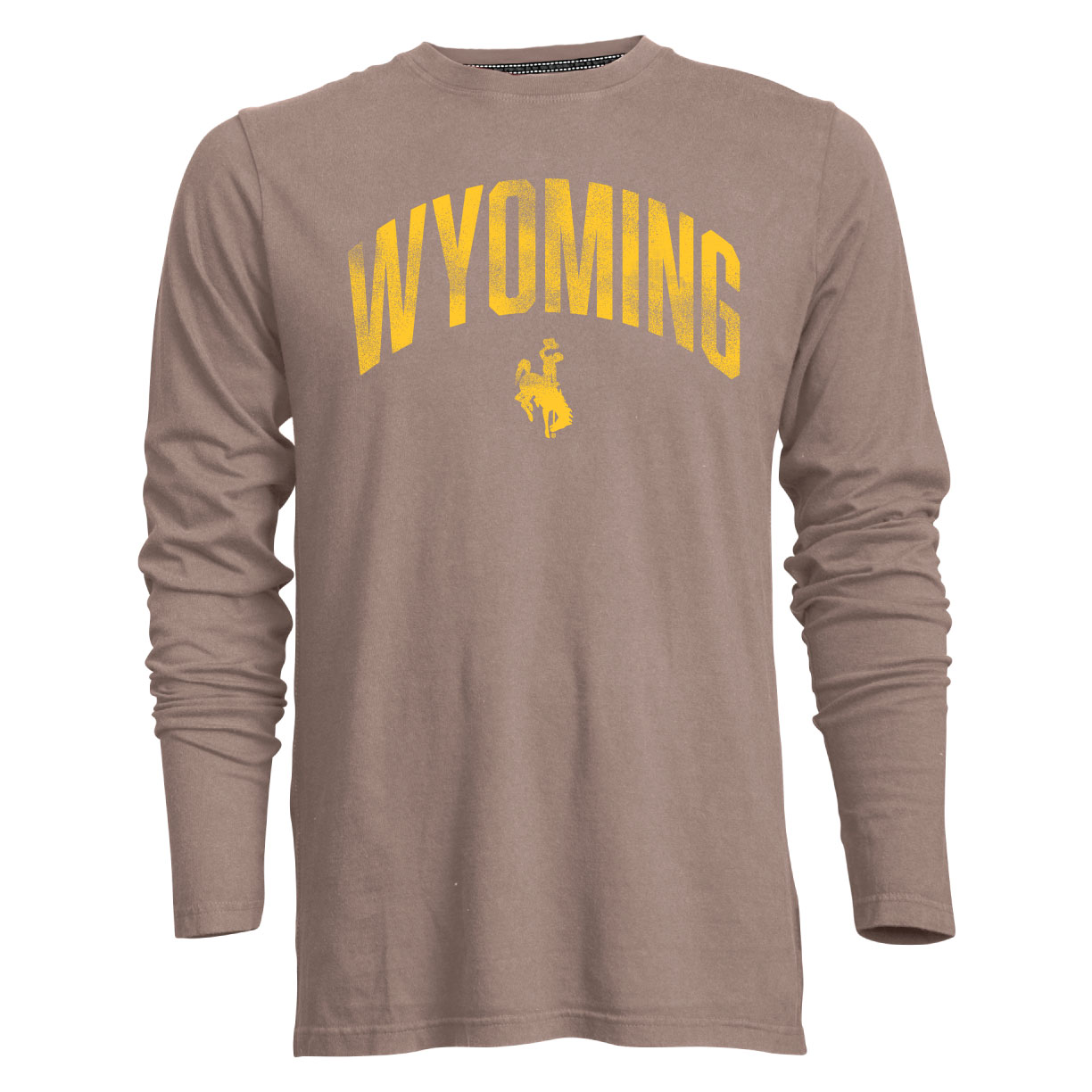 walnut long sleeve tee with gold distressed arched wyoming letters with bucking horse below