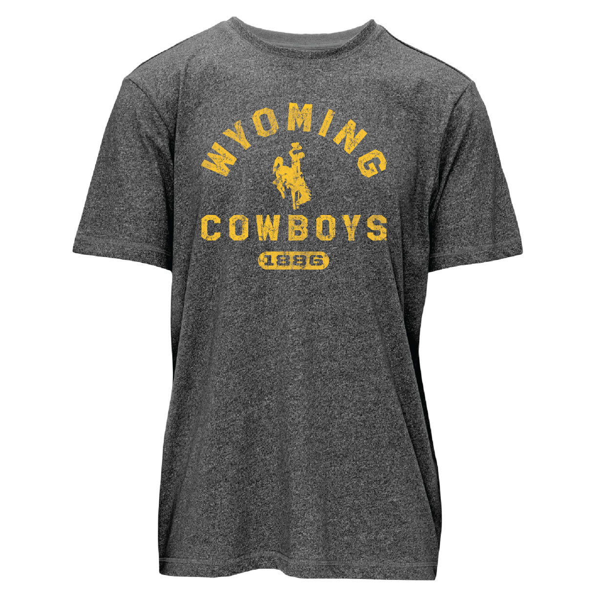 black heather tee shirt with distressed gold design center chest. design is arched wyoming bucking horse cowboys with 1886 in bubble below.
