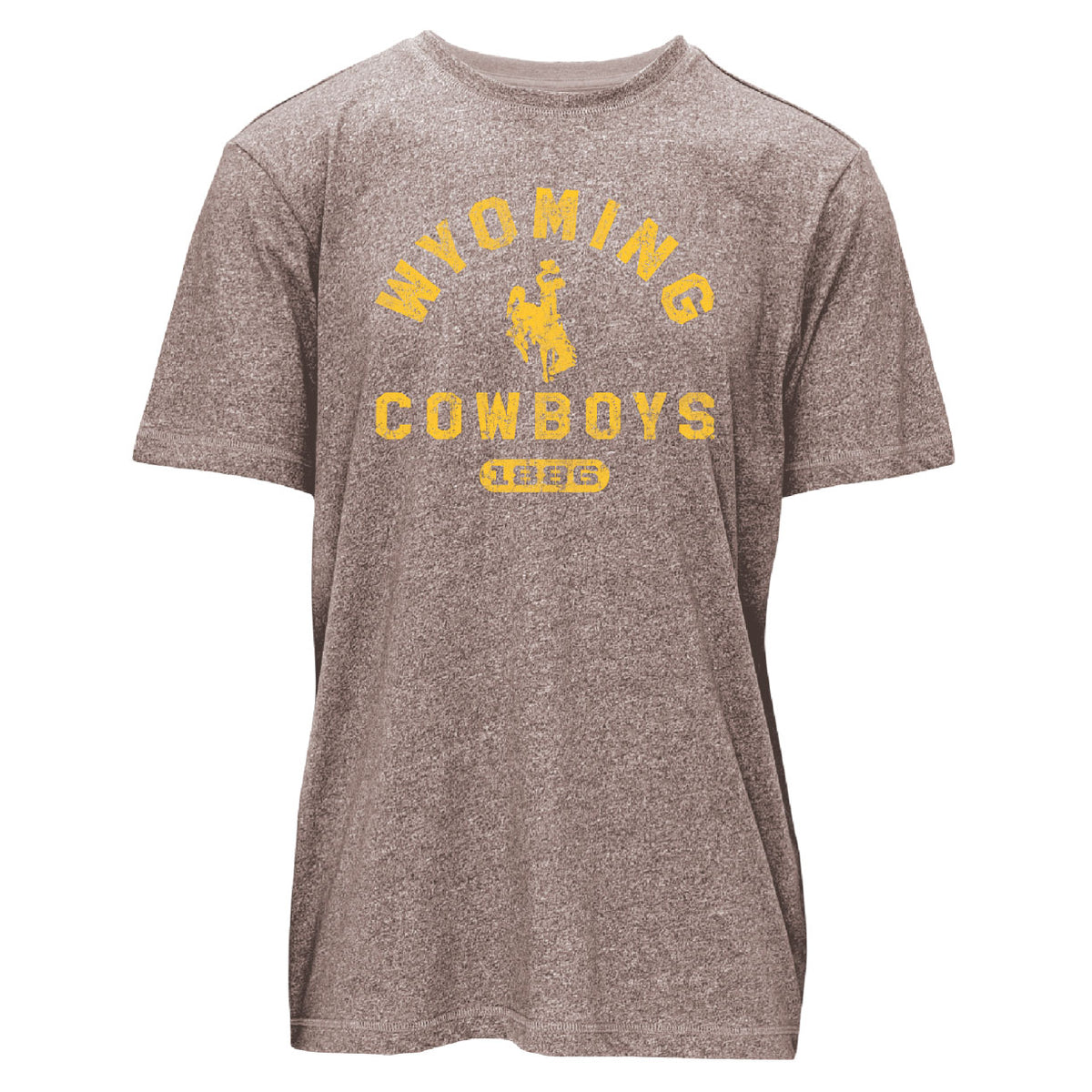 walnut heather tee shirt with distressed gold design center chest. design is arched wyoming bucking horse cowboys with 1886 in bubble below.