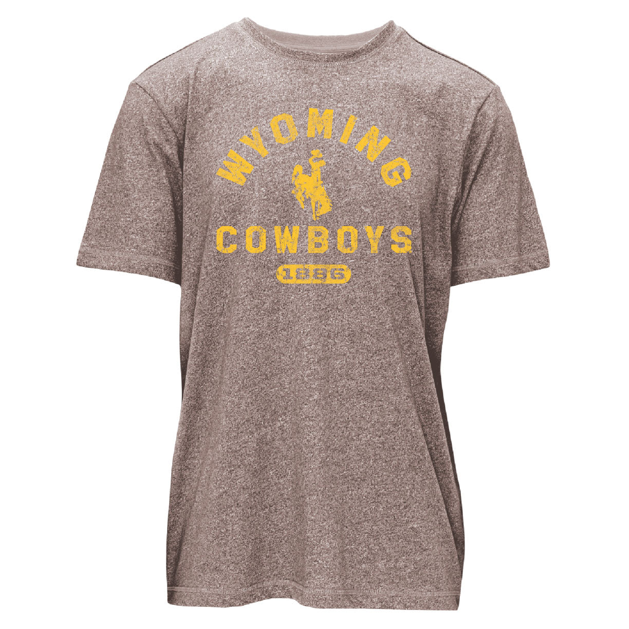 walnut heather tee shirt with distressed gold design center chest. design is arched wyoming bucking horse cowboys with 1886 in bubble below.