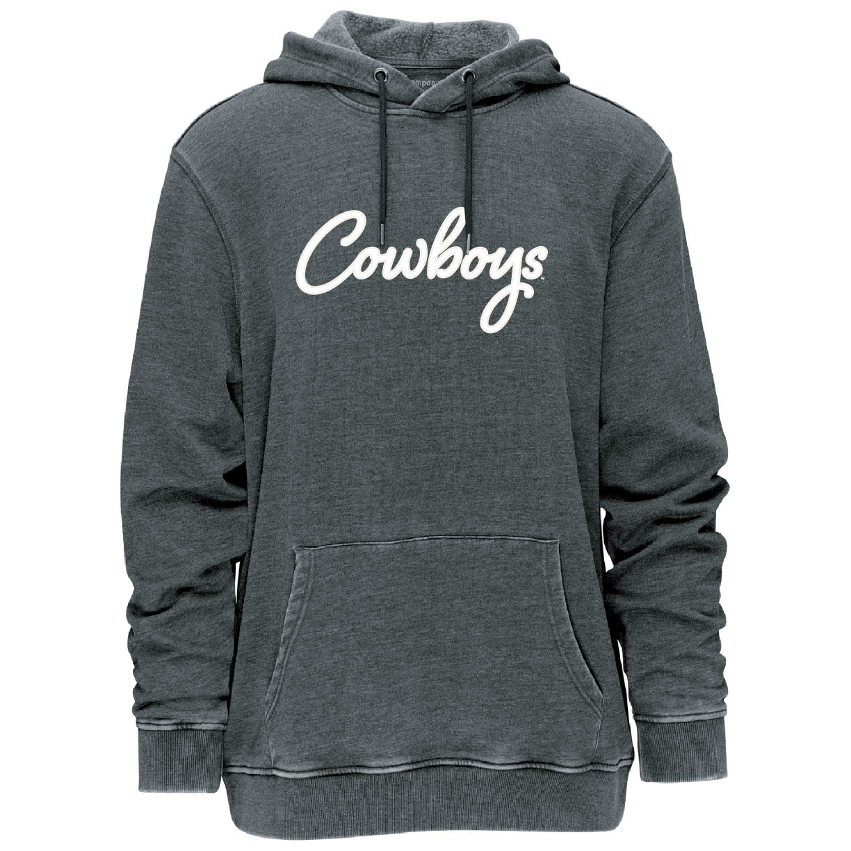 charcoal women's sweatshirt with white cowboys lettering in script. has pocket on front