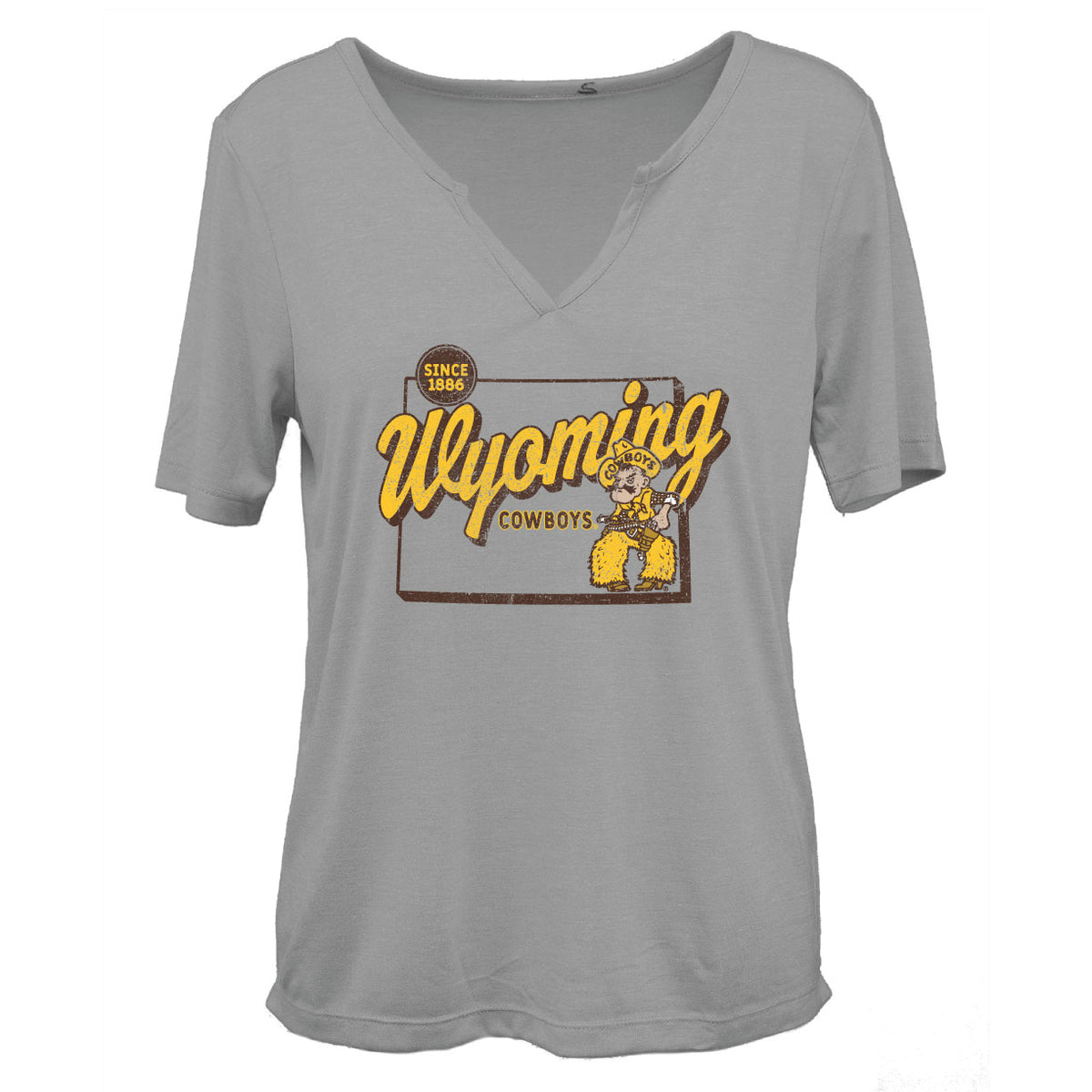 grey women's v-neck tee shirt with square design center chest. square has wyoming script through the middle with cowboys below and pistol pete left of that.