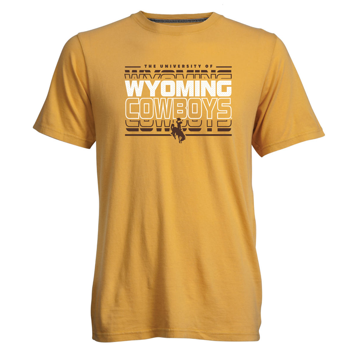gold tee shirt with design center chest. design is the university of wyoming cowboys with bucking horse at bottom all in white and brown