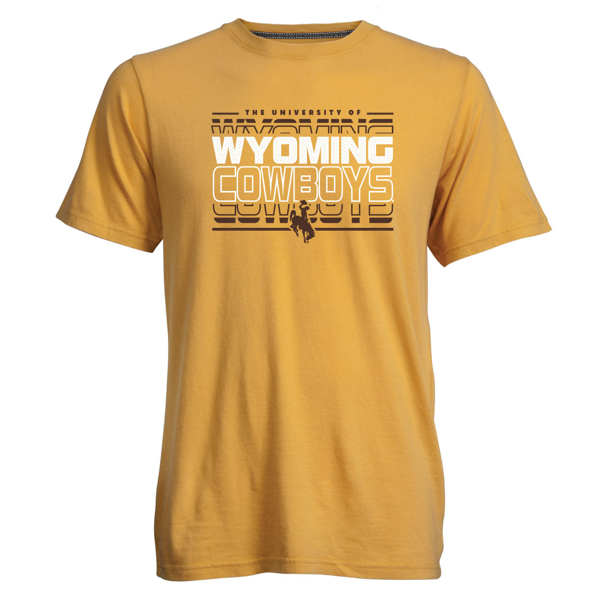 gold tee shirt with design center chest. design is the university of wyoming cowboys with bucking horse at bottom all in white and brown