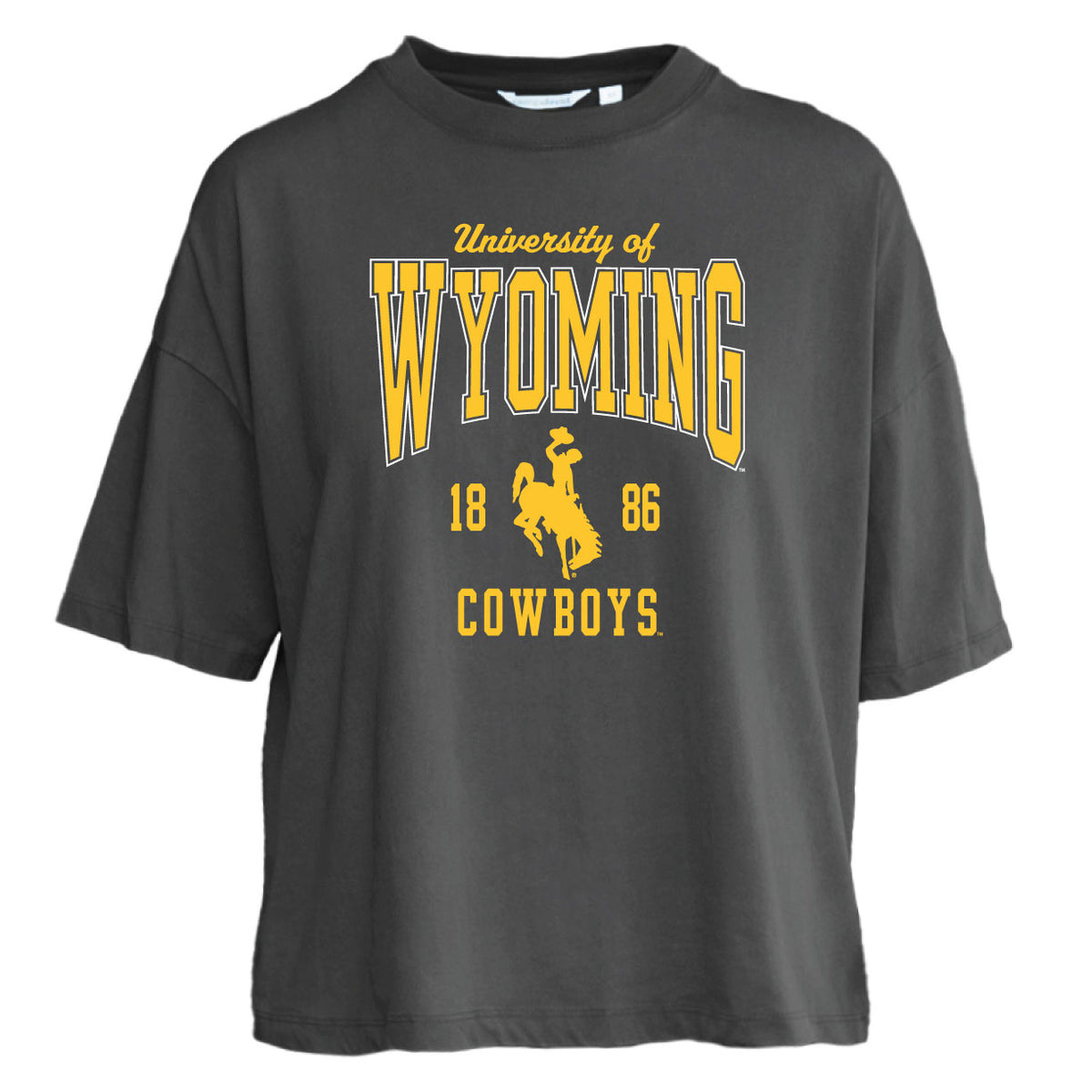 A dark gray short-sleeve t-shirt featuring a yellow and white graphic print on the front that reads 'University of Wyoming', '1886', and 'Cowboys' with the Wyoming Cowboys bucking horse logo.