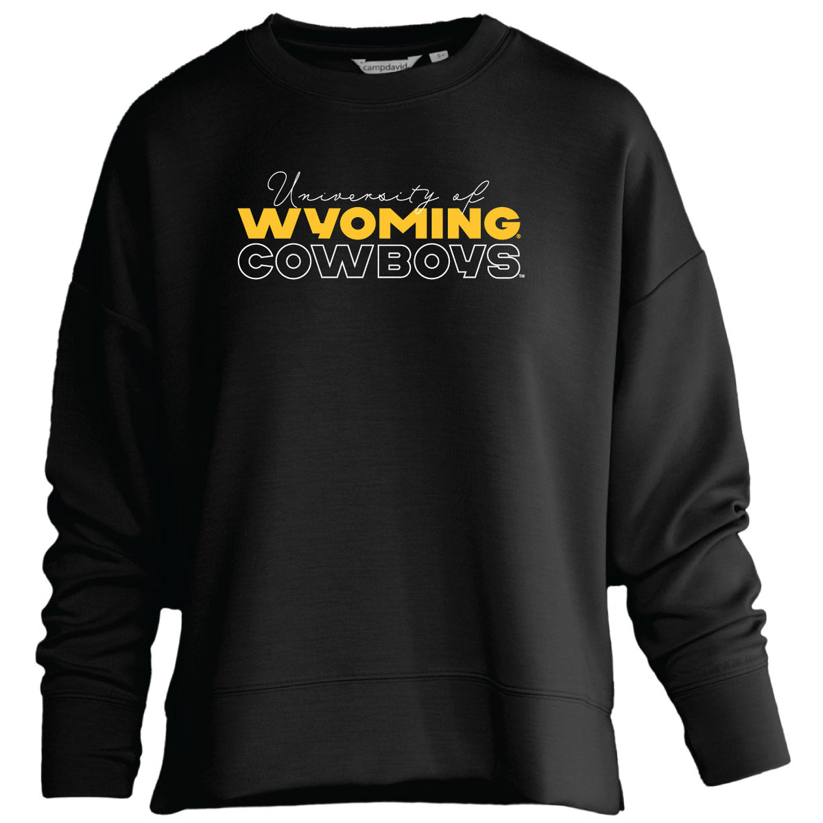 A black crewneck sweatshirt featuring the text 'University of Wyoming Cowboys' printed on the chest in gold and white.