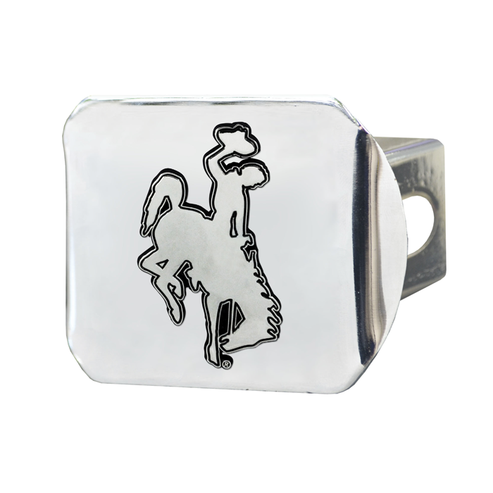 metal chrome hitch cover, rectangular shape. chrome metal bucking horse on front center