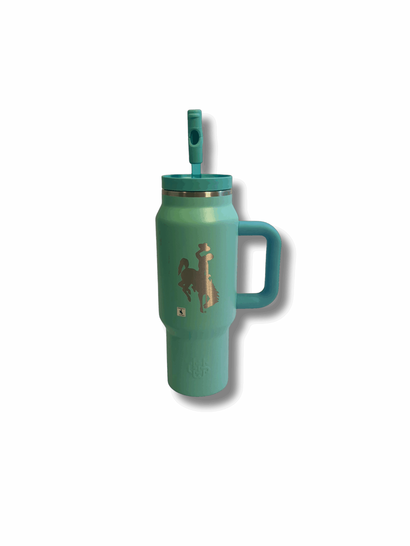 light blue 30oz. travel tumbler with handle and straw lid. has etched bucking horse on one side